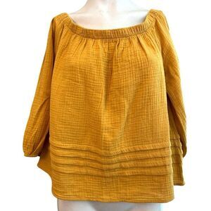 Roan + Ryan Womens Large Blouse Mira Pleated Gauze Off Shoulder Gold Mustard